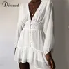 DiCloud Sexy Plunge v Neck Seck Summer Sment Dress Белое кружевное мини -платье с длинным рукавом Осеннее reffle Элегантная одежда 2020 LJ200815