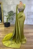 Arabic Lemon Green Satin Mermaid Prom Evening Dresses Sheer Mesh Top Sequin Beads Ruched Formal Occasion Wear Sweep Train Robe de soriee BC9574