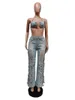 Women's Two Piece Pants Women's Echoine Sexy Denim Set Lace Up Ring Bra Top Hollow Out Hole Tassel Jeans Summer Party Night Clubwear