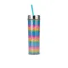 UPS 16 onças de parede dupla de parede dupla palha de palha gradiente de arco -íris xícara de xícara de corpo reto Canecas de verão Coolores de bebidas frias