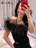 JacuqeLine Sexy Off Shoulder Y2K Feathers Corset Top Women Summer Sleeveless Elegant Lady Camis Tube Crop Club Party 220316