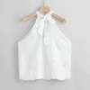 White Cropped Chiffon Halter Women's Blouse Top Hollow Out Embroidery Sleeveless Lace Up Shirts Sexy Summer Blouses and Tops L220705