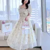 Sommar fransk vintage blommig chiffongklänning fyrkantig krage puffärmar A-linje koreanskt elegant mode för kvinnor 220425