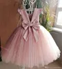 Платье девушки платья лодыжка светло -розовая цветочная девушка для свадебного жемчуга первое причастие без спинки.