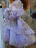 2022 Hollow Out Backlessles Purple Organza Robe robe de balle élastique Puff Retro Femmes Swing Mini robes Fairy Cake Vestidos 220511