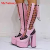 Cross Tied Chunky Heel Sandals Boots Platform Female Mixed Colors Side Zipper Cut Outs Sandals Knee High Women Summer Party Shoe 220514