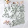 Vêtements de nuit avec dentelle femmes pyjamas ensemble sexy 5 pièces vêtement costume kimono robe sexy vêtements de détente col en v peignoir lingerie vêtements de nuit L220803