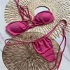 핑크 반짝이 비키니 세트 여성 패션 수영복 수영복 붕대 붕대 섹시한 블링 목욕복 섹시한 패드 토우 피스 단색 단순한 스타일