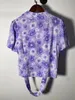 Blouses Femmes Chemises Purple Print Tempérament Banlieue Court Top Femmes Rétro Bouton Up Revers Col V Chemise À Manches 2022 Summer TopWomen's