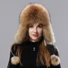 Natural Fur Russian Aviation Hat With Ears Ushanka Women Winter Warm Fluffy Stylish Female Tail Cap Fashion Real Hats 220817