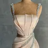Elegante cetim sereia vestido de noite contas trem destacável cintas de espaguete vestido de baile sexy fenda sem alças robe robes de soire w220421
