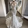 Mermaid Gorgeous Lace Wedding Dresses Bridal Gown with Feather Pearls Beaded Sweep Train Custom Made Plus Size Sexy Backless Vestidos De Novia