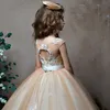 Goud van hoge kwaliteit meisjes optocht jurken applique mouwloze kanten bloemmeisjes jurken voor bruiloft paarse tule puffy kids communion jurk 403