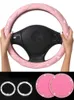 Couvre-volant Housse de voiture en cuir / Fuzzy Cute Pink Set Accessoires intérieurs avec costers et anneaux en cristal