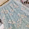 Guilantu Summer Embroidery Floral Mesh Long Skirt Women Elastic High Waist A Lien Tulle Green s Korean Casual Tennis 220317