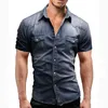 Men Denim Shirts Vintage Turn-down Collar Gradient Solid Summer Casual Short Sleeve Button-up Shirt Clothes For Mens Streetwear L220704
