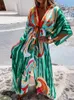 Verão impressão casual mulheres es oversized férias praia boho coverup feminino manga longa solta túnica vestido 220725