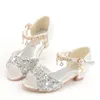 Girls Sandals Children Crystal Shoes Summer Kids Glitter High Heels Sequined rhinestones Pendants Open Toes Princess 220525