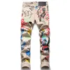 Jeans pour hommes Punk Beige Fashion Hop Stretch Denim Pantalon Slim Fit Mid Waist Casual Graffiti Pantalon de hombre