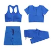 2/3/4 Piece Set Women Workout Sommarkläder för Shorts s Zip Front Crop Top Tie Ribbed Seamless Leggings 220330