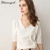 Women s Summer Blouse Plus Size Women Knitted Blouses Short Sleeve Ladies Tops V Neck Women White Blouse Summer Knitted Top LJ200812