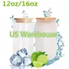 US Stock 12oz 16OZ Sublimation Glass Can with Bamboo Lid Straw Beer Mugs DIY Blanks Frosted Clear Can Shaped Tumblers Cups Heat Transfer Cocktail Iced Coffee Soda