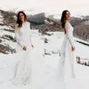 Seksi Açık Dantel Boho Gelinlik Deseni Dantel Uygulama Bir Çizgi Uzun Gelin Önlükleri Tam Kollu 2022 Kış Sonbahar Gelin Elbiseleri Şifon Mahkemesi Tren Robe
