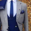 3 adet gri erkekler resmi düğün smokin çift göğüslü ceket +yelek +kraliyet mavisi pantolon erkek moda kostüm2750
