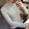 Herrtröjor män grå casual koreansk mode streetwear turtleneck tröja pullover fast färgkabel stickad jumper slimmers olga22