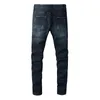 Herren Jeans Herren Biker für Motorrad Streetwear Dunkelblau Stretch Denim Hosen Slim Plissee Patch Ripped Distressed