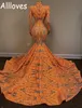 Vintage oranje prom jurken met lange mouwen zien door kant hoge kraag zeemeermin avond formele jurken vrouwen plus size arabisch aso eBi vestidos de festa CL0161