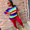 Autumn Fashion Sporting Women set Rainbow Striped Letter Print T shirt Skinny Pencil Pants Suit Two Piece Set Elegant Tracksuit 220714