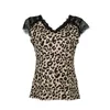 Kvinnors t-shirt kvinnliga spets lapptoppar leopardtryck/randig v-ringning kort ärm pullover spetsblu