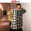Lappster Erkekler Boy Pamuk Ekose Gömlek Adam Hip Hop Patchwork Düğme Yukarı Uzun Kollu Çift Kore Harajuku Giyim 220323