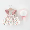 Summer Toddler Girl Dress Clothes Set Baby Beach Dresses Cute Bow Plaid Sleeveless Cotton Newborn Princess Dress+Sunhat