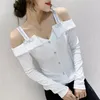 봄 긴 소매 여자 티셔츠 패션 섹시한 어깨 셔츠 여성 탑스 우아한 슬림 다이아몬드 Mujer Camisetas 220408