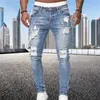 Moda Gaya Jalanan Jeans Ramping Sobek Celana Panjang Denim Solid Cuci Pria Celana Denim Pensil Slim Fit Kasual Diskon Besar 220817