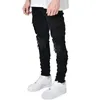 Jeans Heren gescheurde denim broek Mager elastisch jongensgat met meerdere zakken Rits Pantaloon Slanke zwarte cargobroek