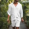 Herren-Trainingsanzüge, Sommer-Männer-Outfit-Set, Baumwolle, Leinen, lockere Freizeit, Strandurlaub, kurzärmeliges Hemd, Shorts, 2-teilige Herrenbekleidung