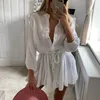 Casual jurken Summer Beach bedekken elegante woon -werkverkeer mini -jurk dame dame lange mouw draai riem dames solide feestkledingcasual