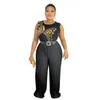 Kvinnors plus storlek byxor xl-5xl rund krage ärmlös strykning diamant elegant stil casual lös veck med bältes jumpsuit för wome