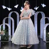 2022 Luxury Blue Bling Sequin Girls Pageant Robes du cou de fond en Ve de fleur ruée