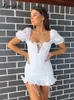 Lace up Embrioder White Summer Dress Women Hollow Out Beach Short Dress Puff Sleeve Ruffle Ruched BodyCon Mini Dress Vestidos 220513