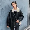 Zoki Autumn Wool Jacket 여자 PU 가죽 따뜻한 재킷 검은 자켓 검은 가짜 모피 코트 대형 Lady Street Outwear Korean Fashion New L220801