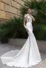 2022 New High Neck Crystal Sexy Mermaid Wedding Dresses See Through Back Sheer Long Sleeve Fitted Cheap Bridal Gowns with Sweep Tr179w