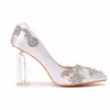 Femmes 10cm Talons Hauts Dame De Mariée Transparent Chunky Blanc Chaussures De Mariage Mariée Effacer Pompes