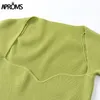 Aproms Green Square Neck Libbed Knitte Tシャツの女性セクシーなソリッドカラーハイストレンチTシャツクールガールズストリートスタイルクロップトップ220326