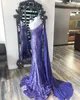 Sequins Lady Pageant Klänningar 2022 Chiffong Cape Mermaid One-Shoulder Prom Kake Elegant Kvinnor Formell Kväll Klänning Robe De Soiree High Slit Orange Lila Fuchsia Blå