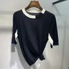 Kvinnors t-shirt Kvinnors ull 2022 Summer Casual Patchwork Knit tröja Kort ärm damer Slim Tops Overside Crew Neck Tees Bluswomen