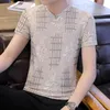 Męskie koszulki 2022 Masowe lodowe jedwabne T-shirt Summer Trend Trend Koszulka V-dół Koreańska szczupła